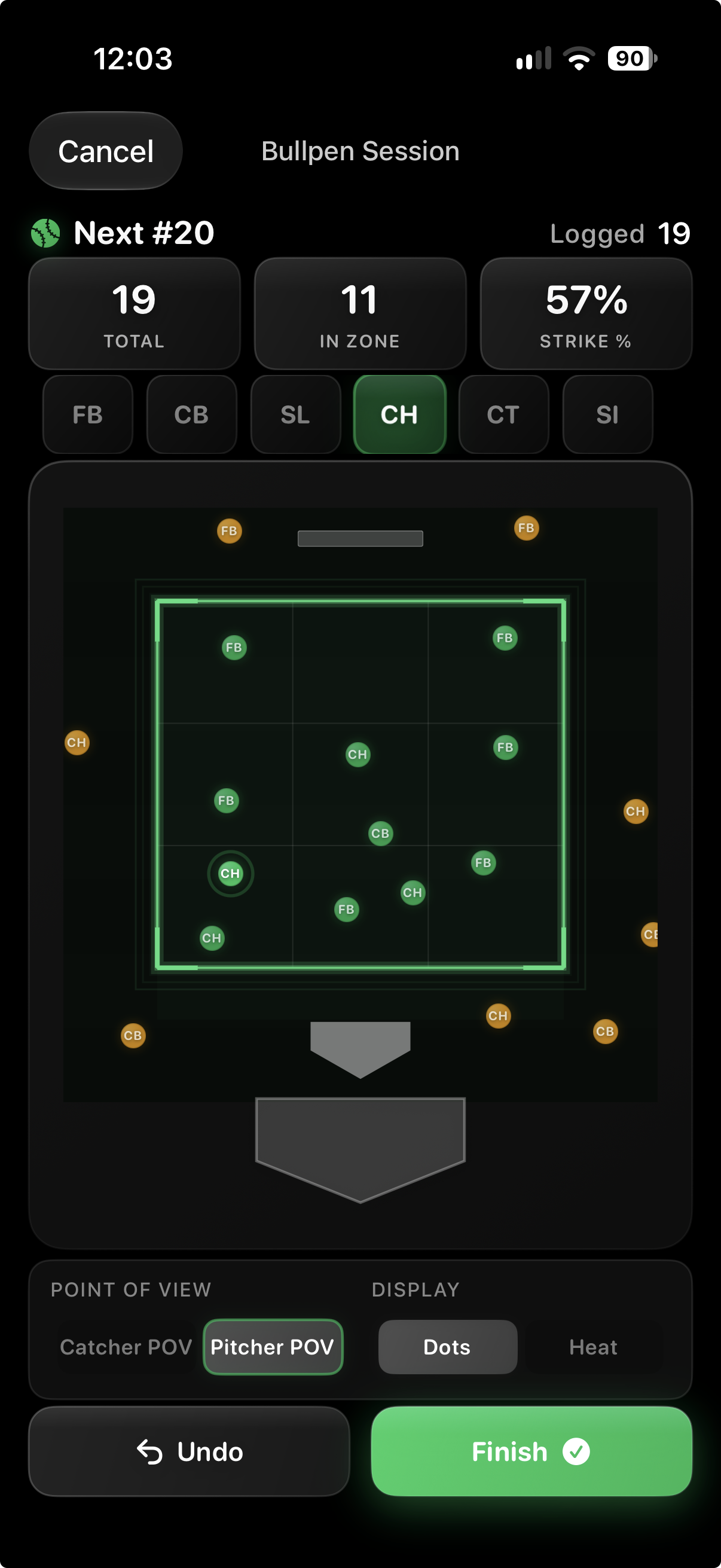 Charting a bullpen in PitchWise: tap the zone, pick the pitch type