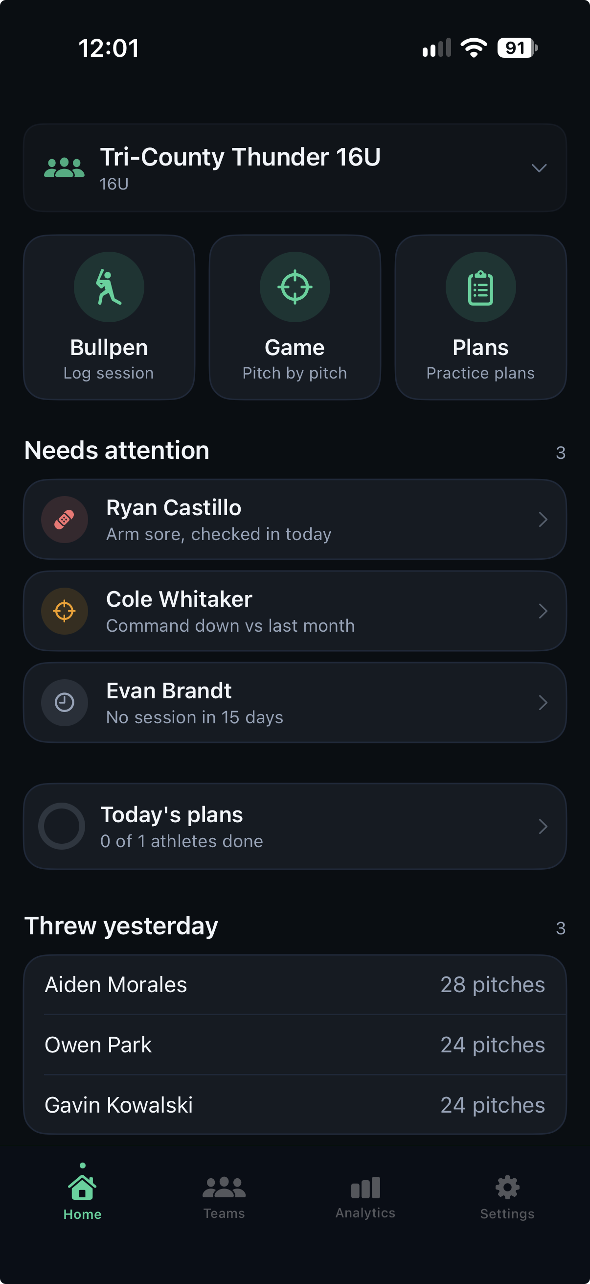 PitchWise home screen with recent bullpen sessions and strike percentages